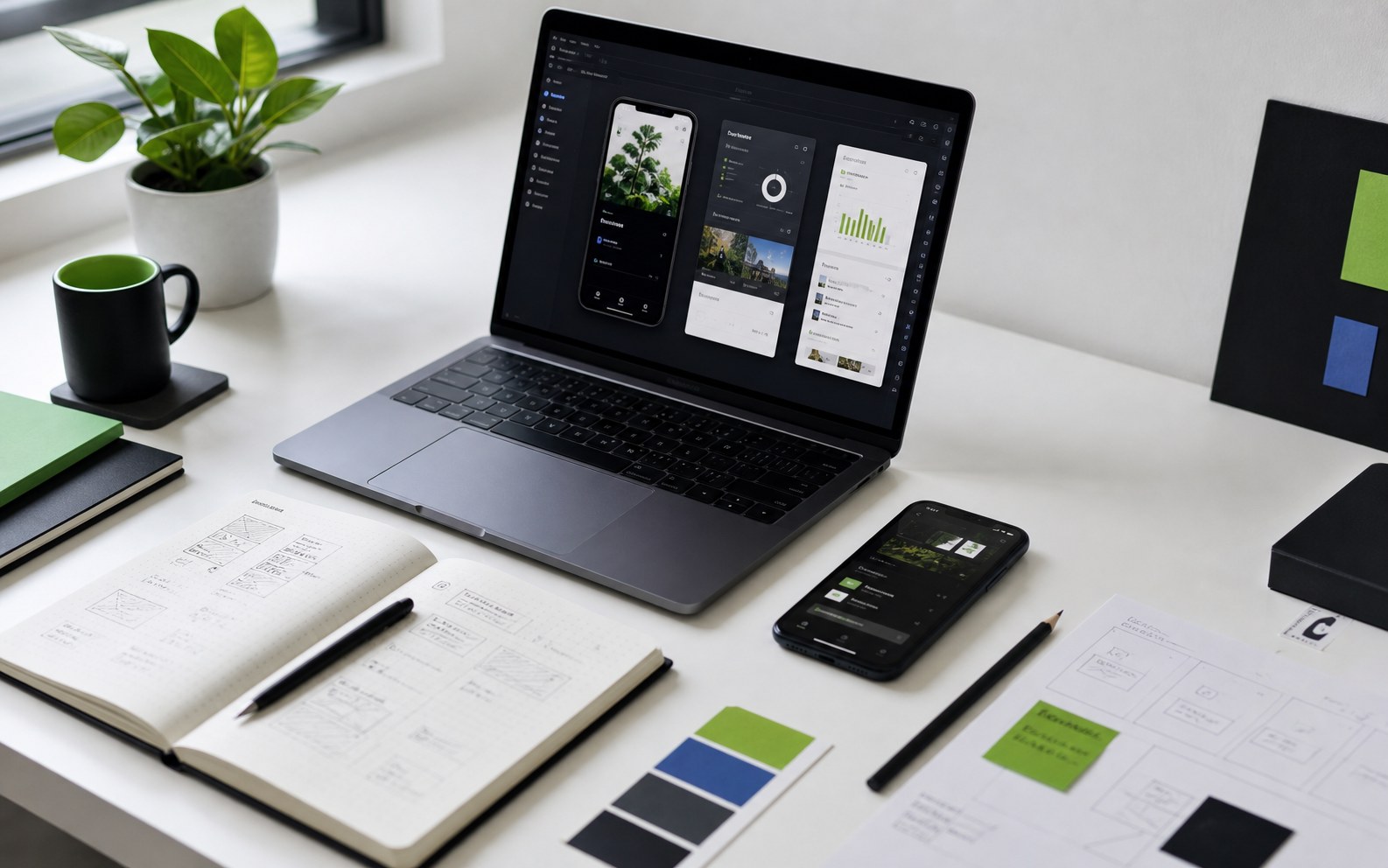 A clean workspace with app screens, a mobile device, and planning materials for digital products.